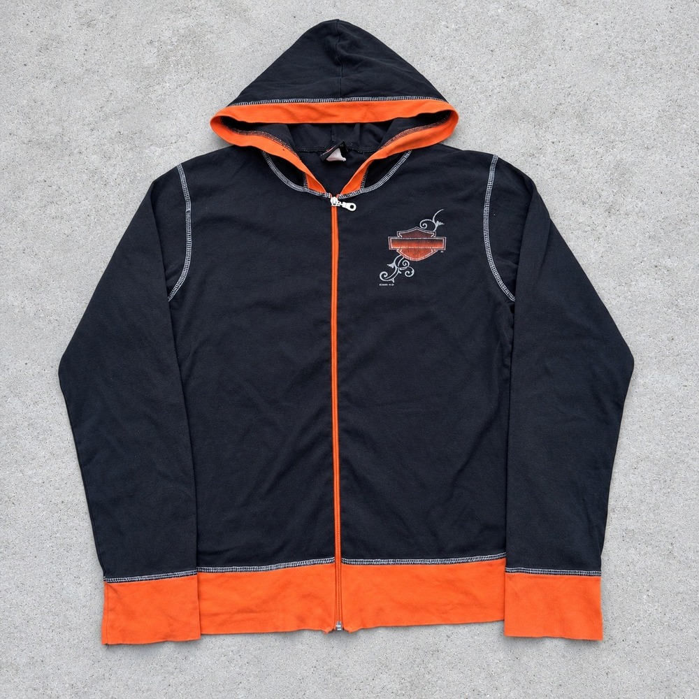 Harley Davidson Womens 2005 Zip Up Hoodie Black Orange Logo Contrast Stitch L